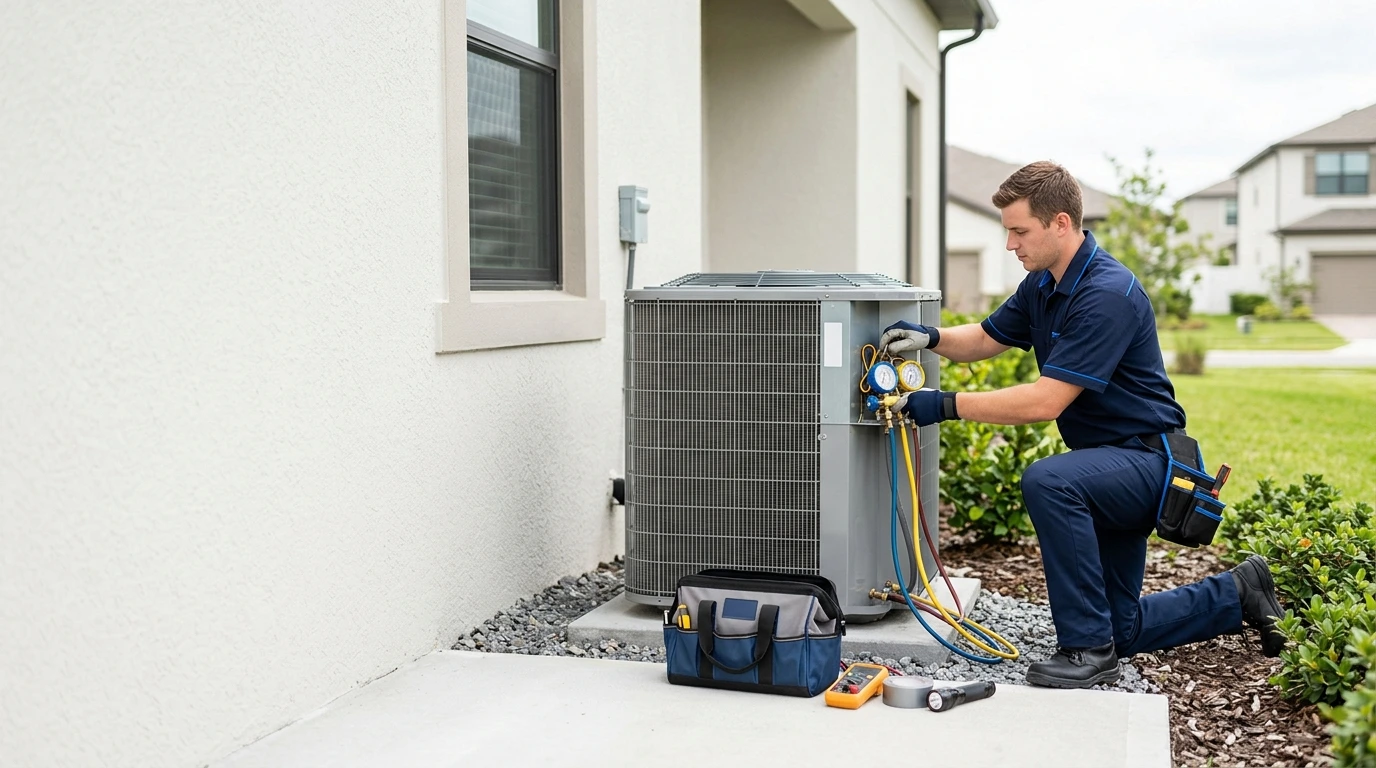 HVAC SEO in Owensboro: hVAC technician servicing an outdoor air conditioner beside a home