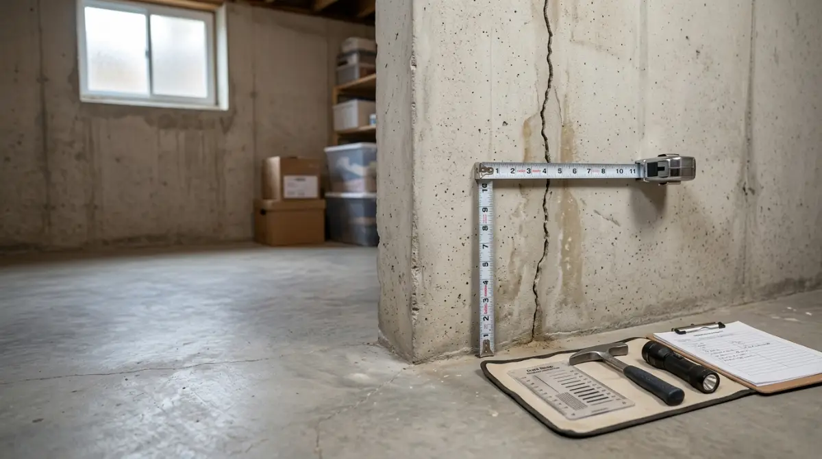 Foundation repair SEO: cracked basement foundation wall measured before a foundation repair job