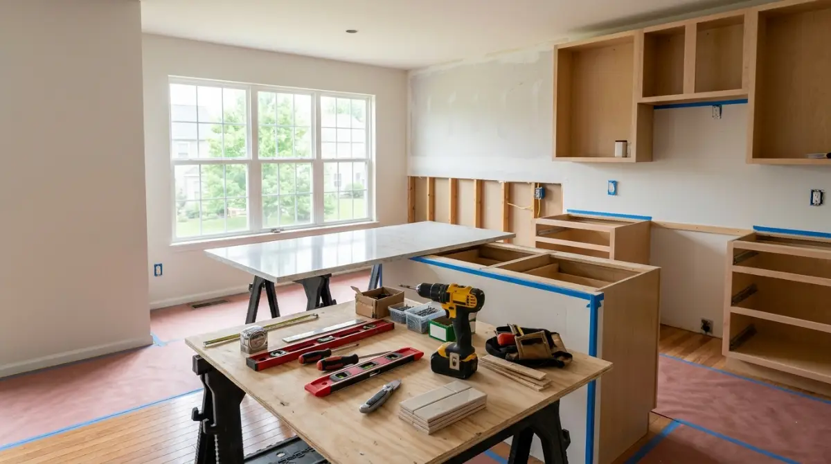 General contractor SEO: kitchen remodel in progress with tools and new cabinets from a general contractor
