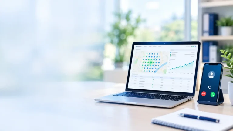 Laptop showing a Google Maps ranking grid and growth chart next to a phone receiving a call