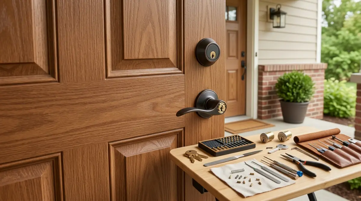 Locksmith SEO: locksmith tools beside a deadbolt on a wooden front door