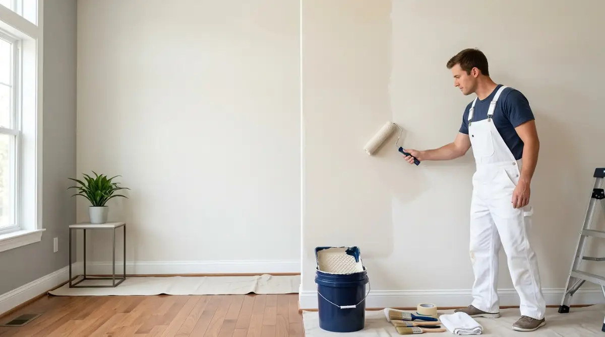 Painting contractor SEO: painter rolling fresh paint on an interior wall
