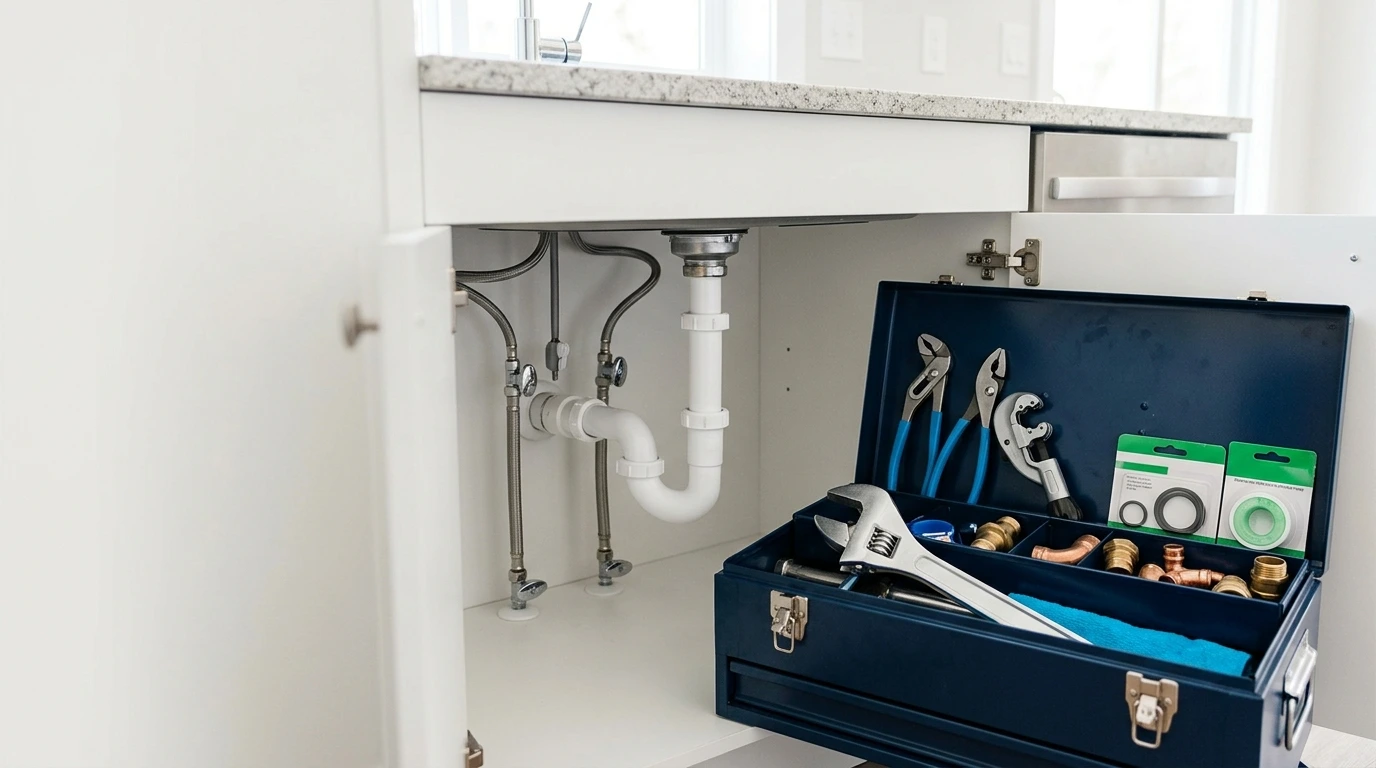 Plumbing toolbox under a kitchen sink, illustrating plumber SEO in Bowling Green, KY