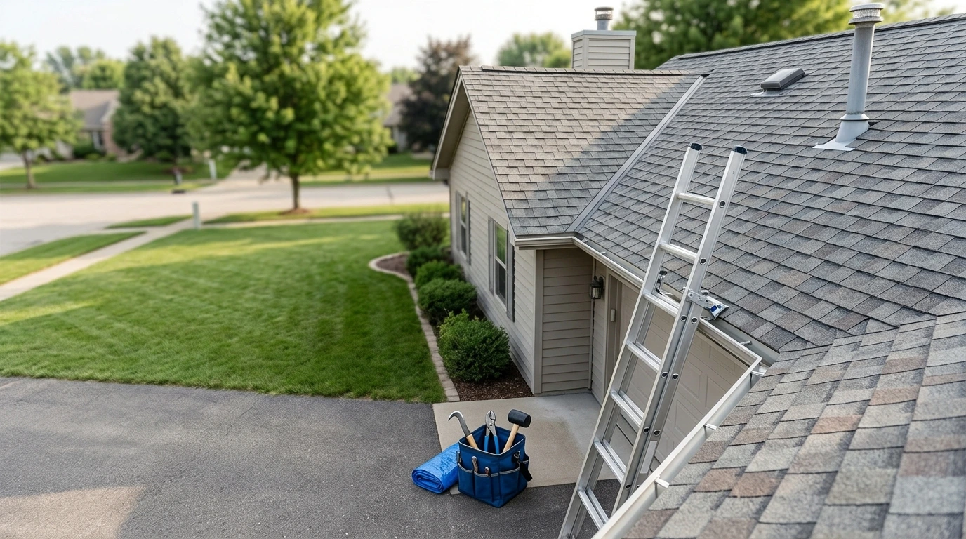 Ladder and tools at a shingle-roofed home, illustrating roofing SEO in Bowling Green, KY