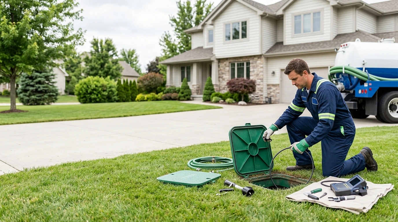Septic SEO: septic service technician working at a residential septic tank
