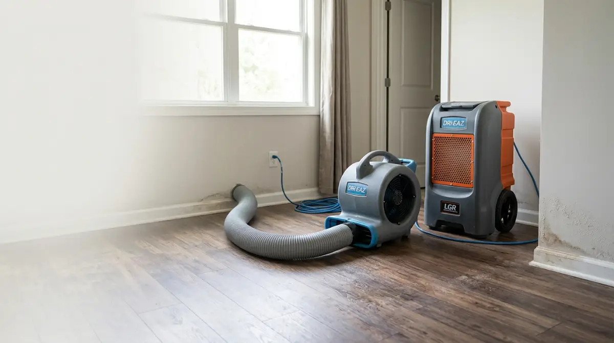 Water damage restoration SEO: air movers and a dehumidifier drying a room during water damage restoration